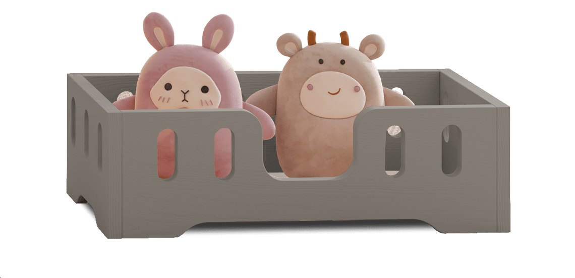 Holzpuppenbett mit länglichen Aussparungen in den Schutzgittern aus Kiefernsperrholz in Grau